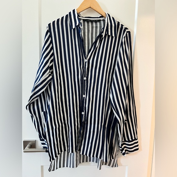 Zara Navy and White Striped Button Down Shirt - Picture 2 of 2